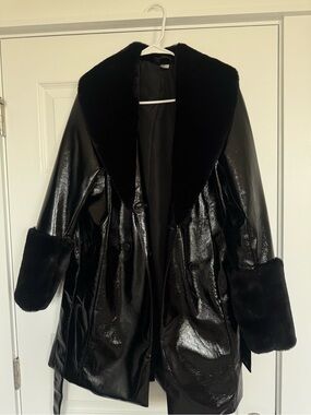 RARE H&M Black vinyl faux fur trim coat